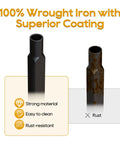 Comparison of 100% Wrought Iron with Superior Coating versus rusted iron, showcasing durability and ease of cleaning.