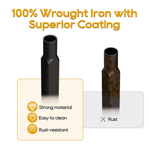 Comparison of 100% Wrought Iron with Superior Coating versus rusted iron, showcasing durability and ease of cleaning.