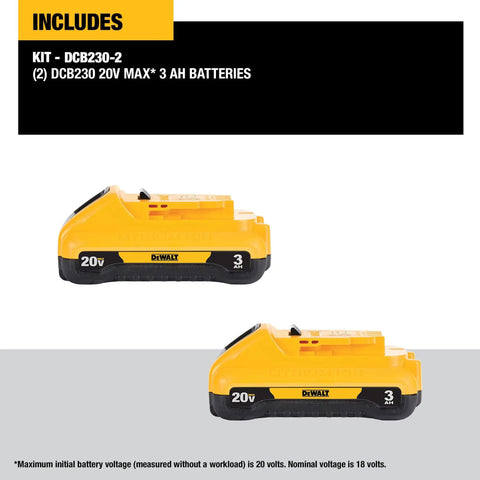 20V Max Battery Pack 3.0Ah, 2-Pack With LED Fuel Gauge, No Memory, Low Self-Discharge, Long Run Time, Lightweight, Model DCB230-2