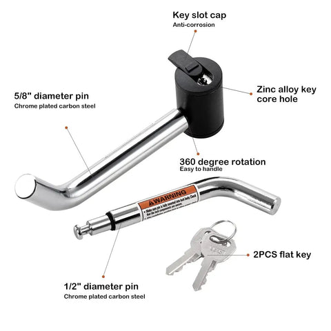 Right Angle Hitch Receiver Pin Lock With Dual One Half Inch And Five Eighths Inch Pins For Class I II III IV One Quarter Inch, Two Inch, And Two And One Half Inch Hitches, Built To Last For Easy Hauling On Bike Racks, Trailers, Tow Ropes, Trucks, And