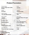 Premium Electric Single Dose Coffee Grinder With 63mm CNC Conical Burrs And Stepless Adjustment Anti Static Ground Collection Bin For Smooth As Silk Espresso And Hit The Spot Pour Over Brewing In Matte Black product parameters specification chart.