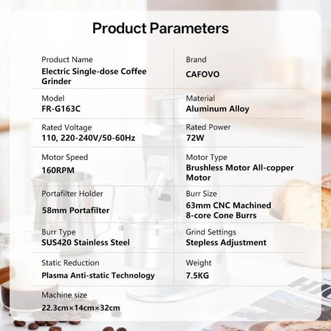 Premium Electric Single Dose Coffee Grinder With 63mm CNC Conical Burrs And Stepless Adjustment Anti Static Ground Collection Bin For Smooth As Silk Espresso And Hit The Spot Pour Over Brewing In Matte Black product parameters specification chart.
