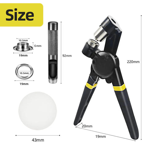 3/8 Inch Grommet Tool Kit Handheld Eyelet Press With Manual Grommet Press Machine, 500 Pcs 10 Mm Grommets, size dimensions shown