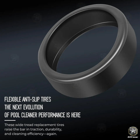 Beefed-Up Tune-Up Kit With Three-Pack 48-232 Wide Trax Tires for Polaris Pool Cleaner viewed against a dark background.