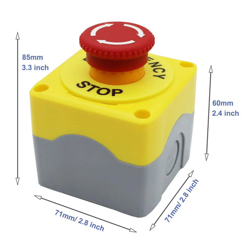 Red Emergency Stop Button Switch E Stop Momentary Cutoff 1NO 1NC 660V 10A With Box, side view, dimensions shown