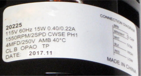 Label on Heavy Duty Industrial Condenser Exhaust Blower Motor 1/50 Hp 115 Volt, showing specifications and connection diagram.