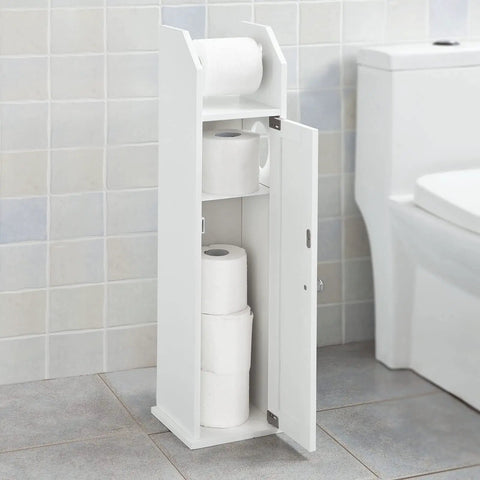 Free Standing Toilet Paper Holder And Slim Bathroom Storage Cabinet For Narrow Spaces White Mega Roll Organizer next to toilet