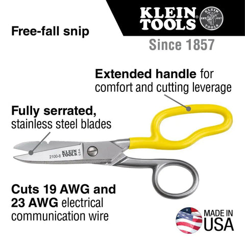 Klein Tools serrated scissors with stainless steel blades and yellow handle for cutting communication wire, Made in USA.