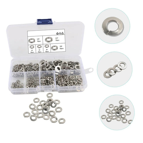 Stainless Steel Washers Set 350 Pc Assortment With Multiple Sizes And Spring Lock Features, Flat Washers For Screws And Nuts, Built For Auto And Industrial Projects, Durable Gasket Washers For Any Hardware Job. open organizer with assorted stainless steel washers