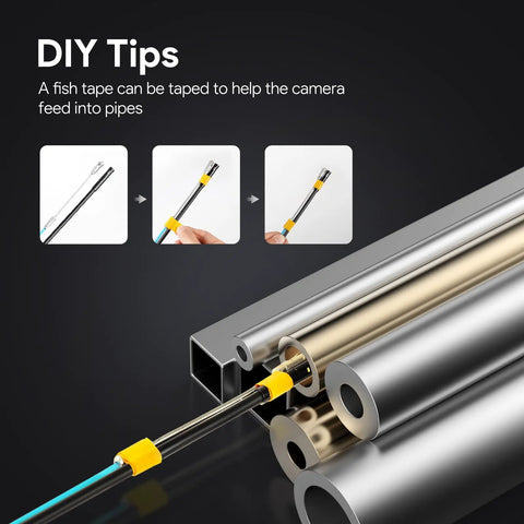 DIY tips for using the 50ft Sewer Camera With 1080P HD Triple Lens Borescope, showing fish tape attachment in pipes.
