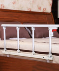 Retractable Bed Rail Guard For Elderly And Adults With Foldable Safety Side Rail Easy One Click Fold Hospital Grade Grab Bar Assist Handle Punch Free Install Keeps Sleepers Safe And Secure showing attached to a bed.