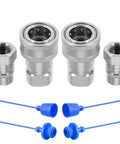 One Quarter Inch Hydraulic Quick Connect Couplers With Dust Caps ISO 7241 B Poppet Valve Pioneer Style Zero Leak For Agricultural And Industrial Equipment Heavy Duty NPT Thread And Body Set Of 2, shown with blue dust caps on white background.