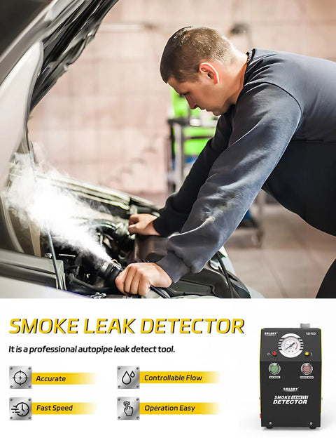 Solary car smoke leak detector for EVAP vacuum leaks, 12V tester with gauge, mechanic under hood.