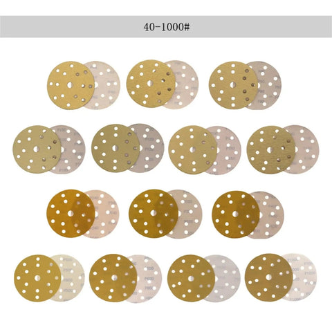 Grab These Killer Yellow 6 Inch Gold Sanding Discs With Anti-Clog Coating And 15 Holes For Dust Free Grinding On Any Project That Hits Hard Today showing various grits.