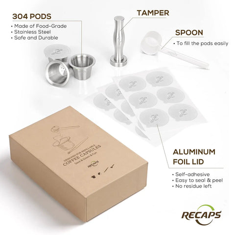 Reusable Coffee Filter Capsules Set For Nespresso Original Machines, 3 refillable pods, 120 aluminum foil lids, tamper, spoon.