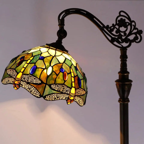 Stained Glass Tiffany Floor Lamp With Amber Dragonfly Shade Arching Gooseneck Adjustable Reading Light 66 Inch Tall Bronze Base UL