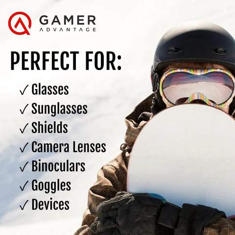 Fog Away Anti Fog Spray For Swim Goggles Glasses And Home Electronics Keeps Lenses Clear Instantly No Haze With Silicone Free Formula That Goes On Transparent And Works Against Heat Cold And Humidity advertisement with snowboarder