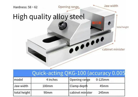CNC Angle Vice Quick Action Vise delivering rock solid grip with V shaped jaws, 4-inch size for secure clamping in milling.