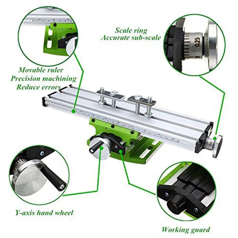 Top Shelf Shop Beast Cross Slide Table For Mini Milling Machines And Bench Drill Press Adjustable X Y Axis showing movable ruler and Y-axis hand wheel.