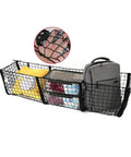 Multi Compartment Truck Bed Cargo Net For Tesla Cybertruck 2024 holding a backpack, groceries, and supplies securely in a truck bed.