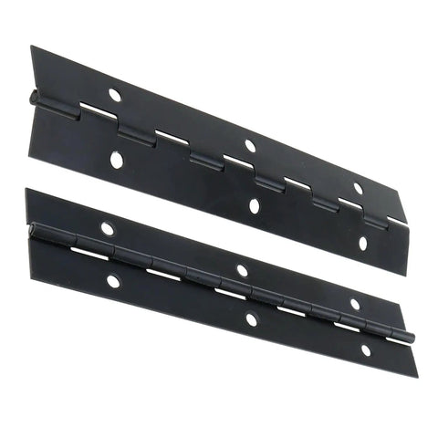 Two Pack Six By One Inch Black Stainless Steel Piano Hinges With Screws for doors, cabinets, tool boxes, and wooden boxes.