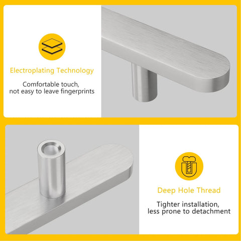 Close-up of brushed nickel cabinet handle showcasing electroplating technology and deep hole thread for 10 Pack Brushed Nickel Cabinet Handles Four And Three Quarters Inch Length With 3 Inch Center To Center Holes Durable Aluminum Drawer Pulls For Kitchen Cabinets Bathroom Closet Doors Modern Hardware