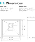 Dimensions diagram of Undermount Kitchen Bar Sink 18 x 16 x 9 Inches Black Stainless Steel Small Bar Prep Sink For Outdoor Laundry RV Use