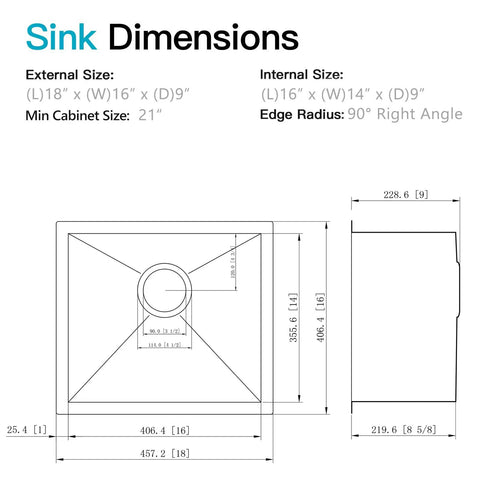 Dimensions diagram of Undermount Kitchen Bar Sink 18 x 16 x 9 Inches Black Stainless Steel Small Bar Prep Sink For Outdoor Laundry RV Use