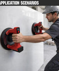 Worker using Hands Free Electric Suction Cups Lifter For Glass And Tile 600 Lbs Max Load 8 Inch Heavy Duty Suction in construction