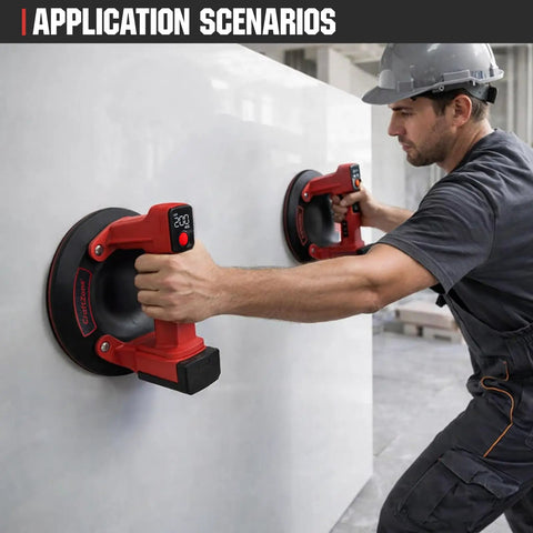 Worker using Hands Free Electric Suction Cups Lifter For Glass And Tile 600 Lbs Max Load 8 Inch Heavy Duty Suction in construction