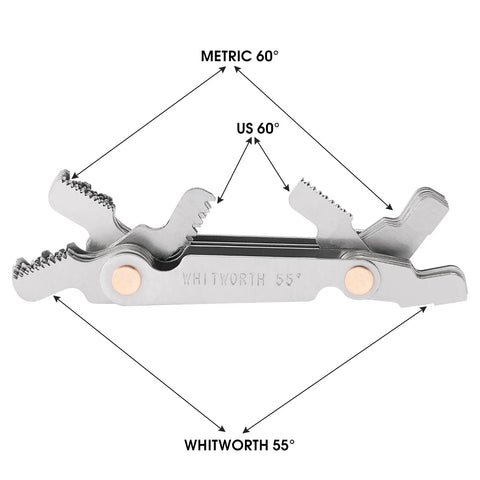 Side view of stainless steel 3-in-1 thread pitch gauge showing metric 60°, Whitworth 55°, and US SAE 60° blades with locking mechanism