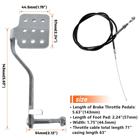Go Kart Brake Pedal Kit With 71 Inch Throttle Cable For 196cc 6.5HP Engines Compatible With Radio Flyer Carter Yerf Dog Manco Kandi Azusa Racing Go Karts And Drift Trikes Replacement Parts showing brake pedal dimensions