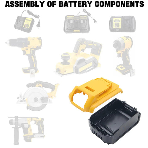 Heavy Duty Rock Solid Battery Case Shell Replacement For 18V And 20V Cordless Power Tool Batteries DCB200 DCB201 DCB203 DCB204 DCB205 shown with tools.