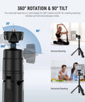 Tiny But Mighty Mini Desk Selfie Stick Tripod for iPhone GoPro Insta360 Android and Webcams showing 360° rotation and 90° tilt features