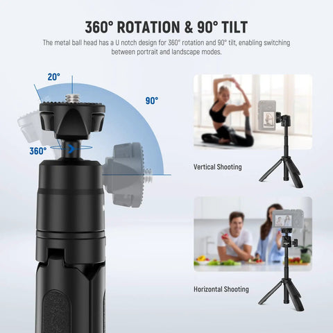 Tiny But Mighty Mini Desk Selfie Stick Tripod for iPhone GoPro Insta360 Android and Webcams showing 360° rotation and 90° tilt features