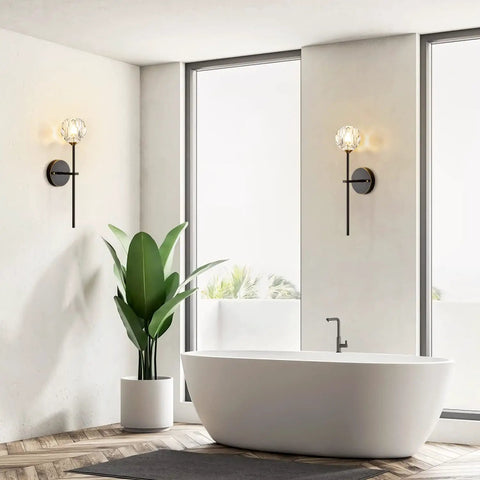 Lit Black Crystal Vanity Lights Set Of 2 Industrial Mid Century Wall Sconces for bathroom with modern crystal accents