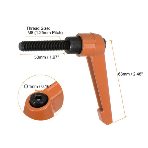 4 Pack Slick Quick Release Clamping Lever Handles With M8 X 50mm Male Thread Rotary Knobs For Heavy Hitting Aluminum Machine Adjustments And No Sweat Workshop Setup In Durable Orange Coating, showing dimensions and thread.