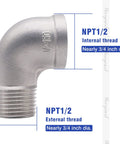 Stainless steel NPT 1/2 elbow fitting, 90-degree with both internal and external threads, 1 piece