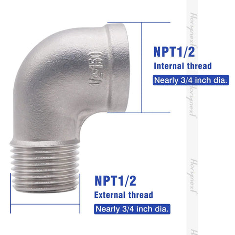Stainless steel NPT 1/2 elbow fitting, 90-degree with both internal and external threads, 1 piece