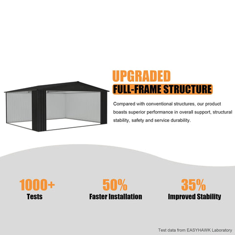 Illustration of 14x12 Ft Metal Outdoor Storage Shed With Lockable Door And Sloped Roof For Heavy Duty Weatherproof Galvanized Steel Construction