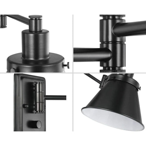 Close-up of Black Swing Arm Wall Light With Adjustable Arm For Focused Task Lighting, Industrial loft, durable metal finish details
