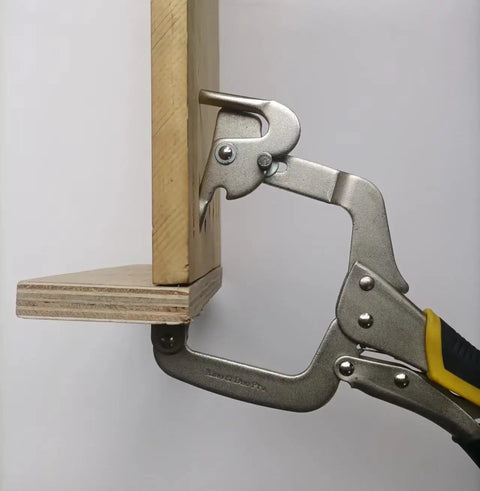 13 Inch Right Angle Corner Clamp With Dual Pins For Thin And Thick Wood holding wooden boards in place, side view.