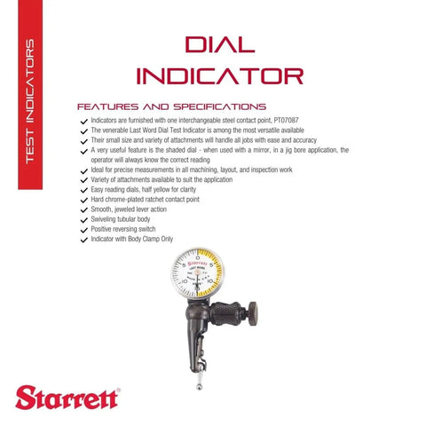 Image of Last Word Dial Test Indicator with Body Clamp, 0.030 Inch Range, White Half Shaded Dial Face, by Starrett.