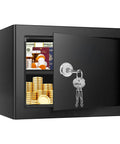 1.3 Cu Ft Fireproof Safe Box with key lock, open showing cash, jewelry, meds inside, heavy-duty steel security chest