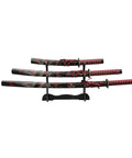 Red 3 Piece Samurai Sword Set With Display Stand Katana Collection Decorative Swords For Home Display And Collecting Short Medium And Long Blades