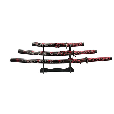 Red 3 Piece Samurai Sword Set With Display Stand Katana Collection Decorative Swords For Home Display And Collecting Short Medium And Long Blades