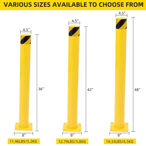 Heavy Duty 4 Pack Safety Bollards 36 Inch Height 4.5 Inch Steel Pipe Posts with anchor bolts showing various height options.