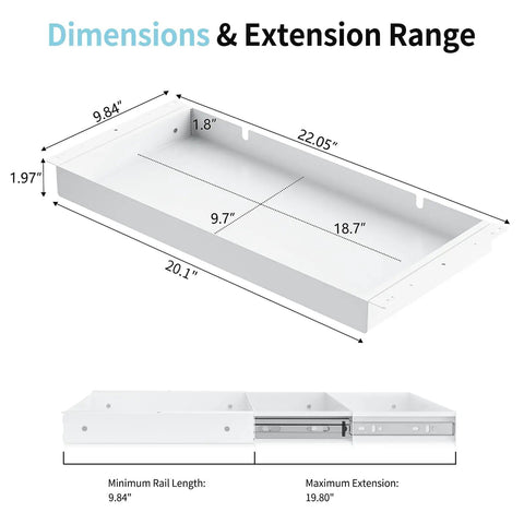Kick Clutter To The Curb With This Sleek White Slide Out Under Desk Drawer Featuring Smooth Ball Bearing Slides And Solid Carbon Steel Build For Tidy Home Office Storage dimensions illustration with measurements
