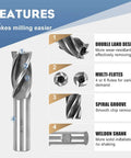 HSS end mill with Weldon shank; front view shows 3/4–1 in diameter, 4- and 6-flute Bridgeport cutters