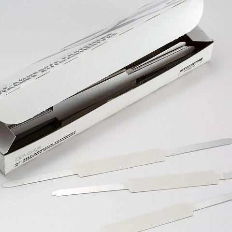 Self Adhesive Prong Paper Fasteners With A Classic Matte Steel Finish, 2 Inch size shown in open box.